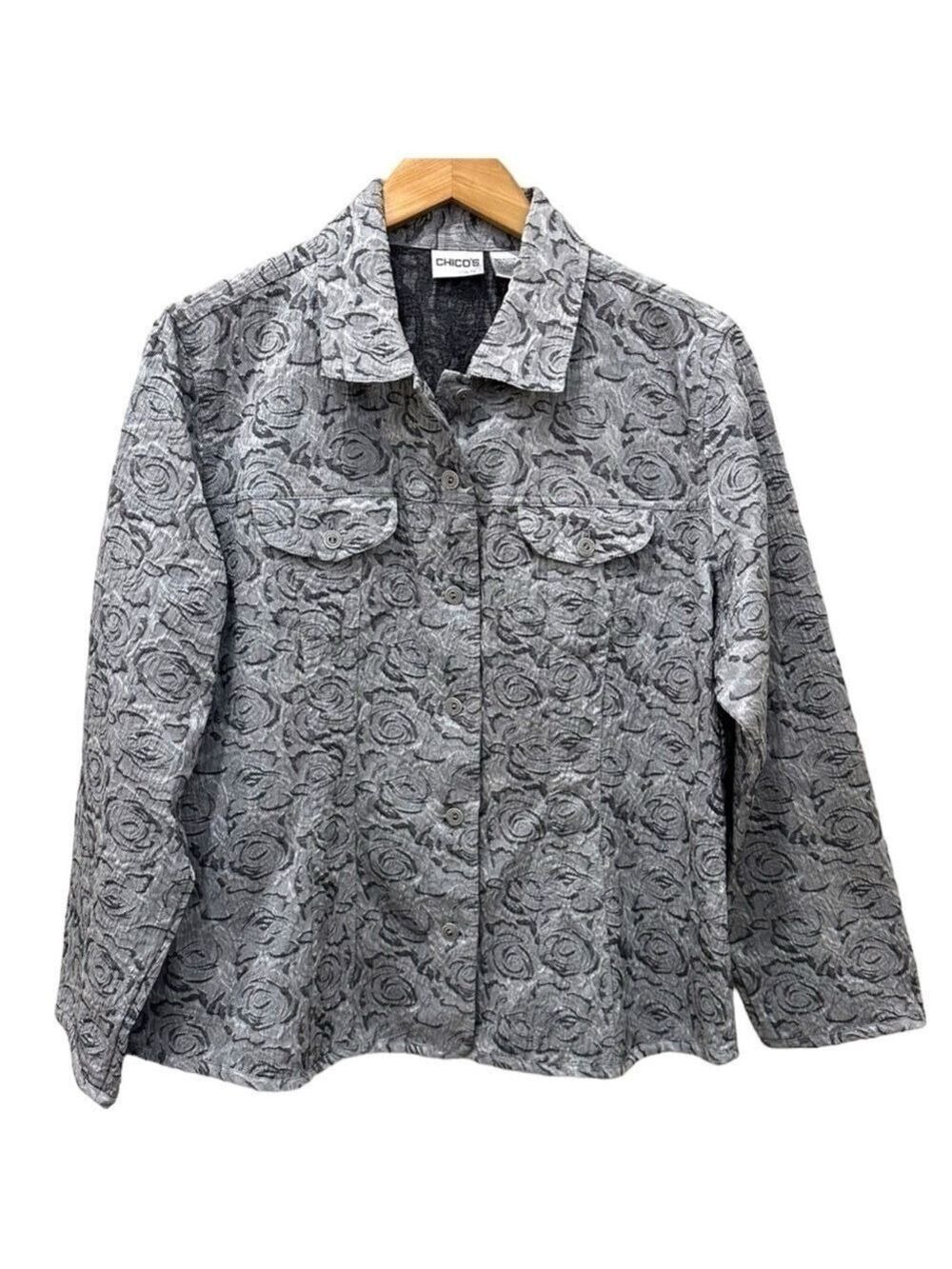 Chico’s Women's Size Large Jacket Silver Floral Button Front Lightweight Size L